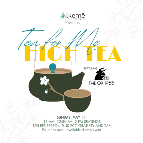 A picture of a tea pot and text promoting The Ox 1985 and Alkemē's Mother's Day Tea