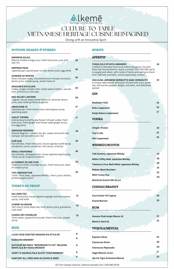 Menu at Alkeme SantaFe