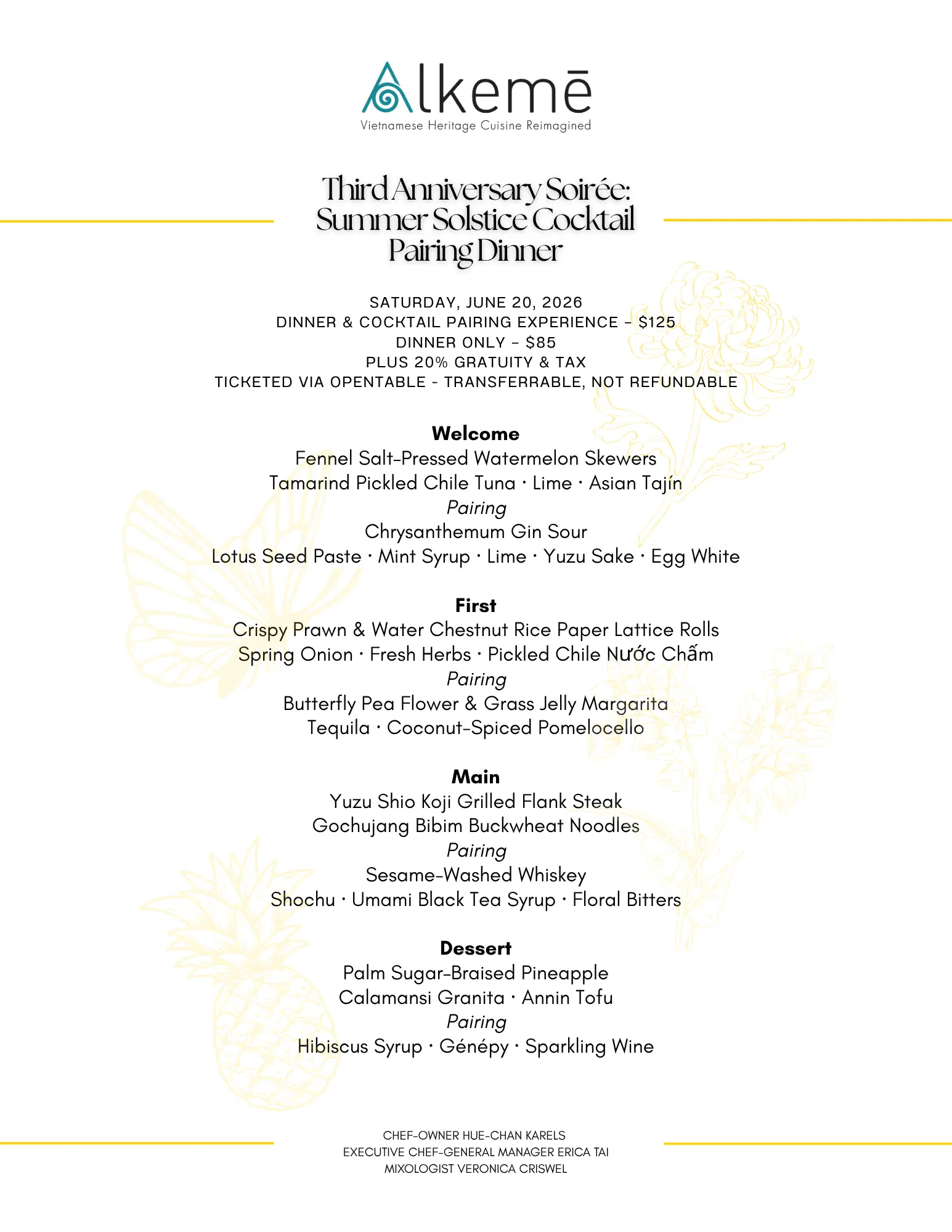 menu for the 3rd anniversary dinner