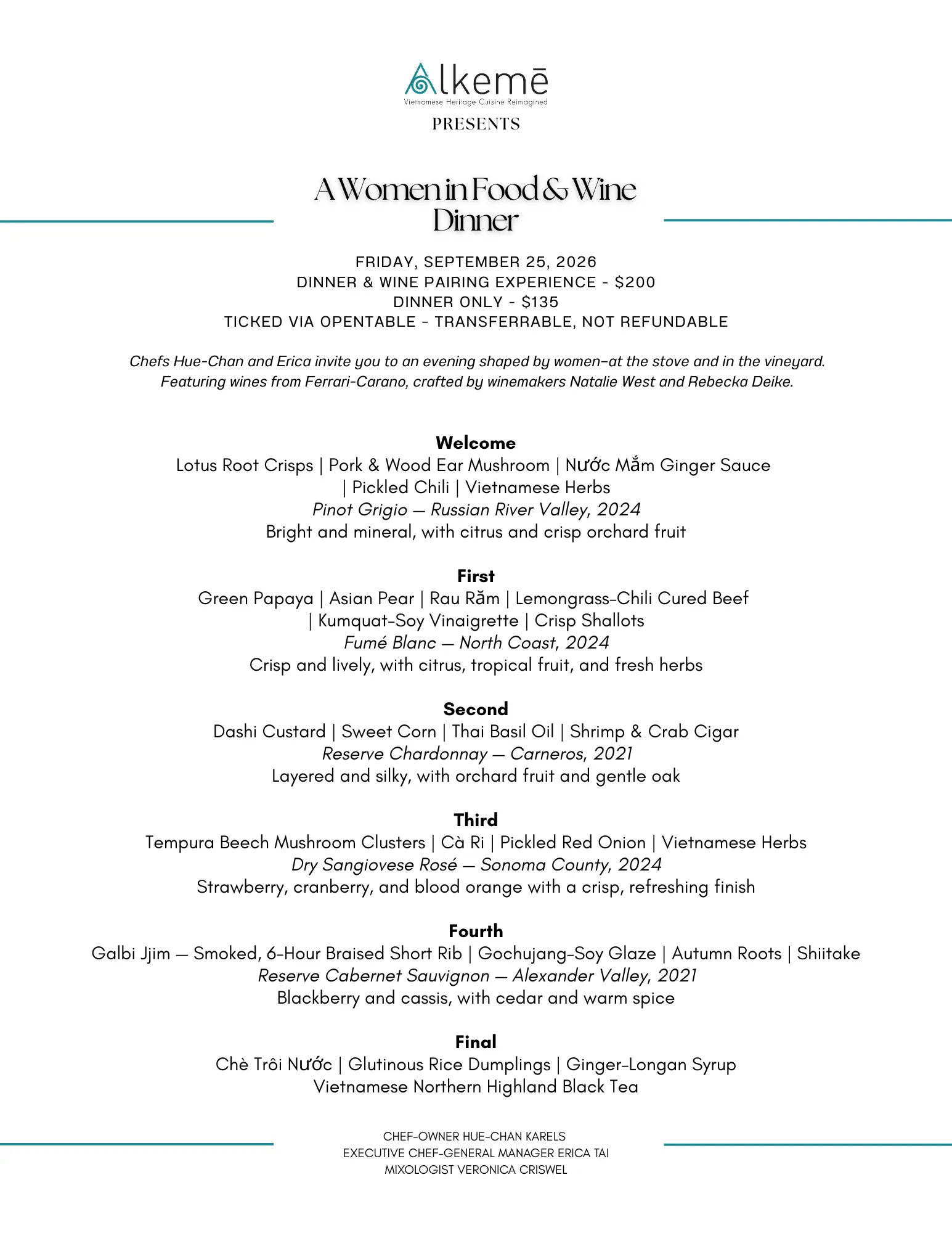 2026 Women in Food Dinner Menu