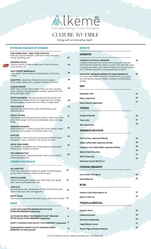 Menu at Alkeme SantaFe